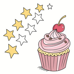 Vector art of cupcake with pink frosting and cherry