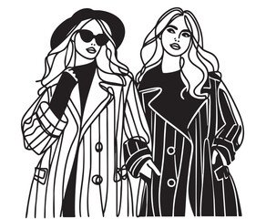 Fashion models. Sketch. Woman in coat. Autumn