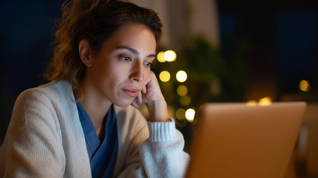 A woman consulting a nurse online through a video call expression stressed and seeking advice laptop glowing with medical professional’s face cozy home background dimly lit