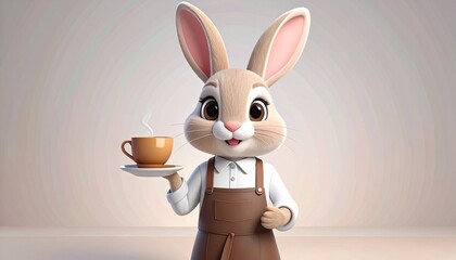A charming cartoon rabbit barista in a brown apron happily serving a steaming cup of hot coffee on a saucer for a cozy break