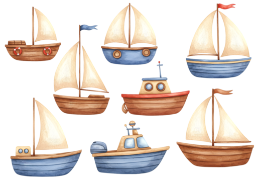 Watercolor Illustration Of Various Sailboats On Transparent Background