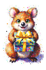 Smiling cartoon quokka holds a wrapped gift surrounded by colorful confetti. A joyful and whimsical character illustration full of celebration, charm, and playful warmth.