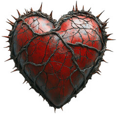 A cracked, red heart shape covered in dark, thorny vines, isolated on a transparent background
