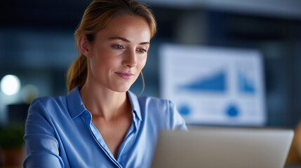 A female accountant using modern cloud based accounting software on her laptop brightly lit office space around her with charts on the wall expression calm yet focused