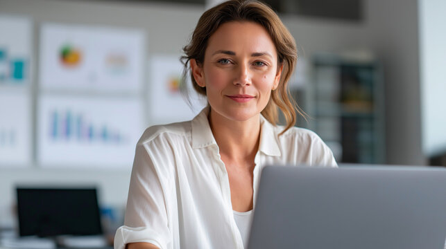 A female accountant using modern cloud based accounting software on her laptop brightly lit office space around her with charts on the wall expression calm yet focused