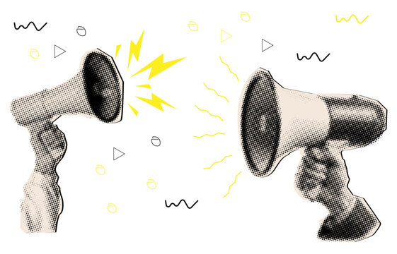 Man and woman hand holding up megaphone in retro halftone style,trendy collage elements cut out from newspaper