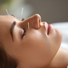 Close-Up of Acupuncture Therapy on Woman&rsquo;s Face