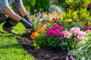 Naklejka premium Landscaper Planting Colorful Flowers in Garden