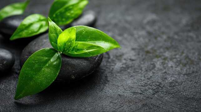 Black stone with green leaves lying on it, serving as a spa concept background, ideal for beauty and wellness themes or as a backdrop for content related to a healthy lifestyle.