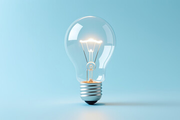 Photorealistic transparent light bulb shaped like a human head profile on light blue gradient background with realistic lighting