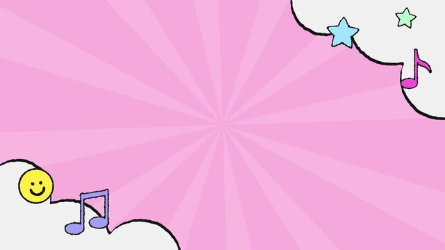 Loopable Pink Sunburst Kids Doodle Background with Clouds, Stars and Music Notes