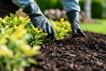 Landscaper Spreading Mulch Around Plants in Garden