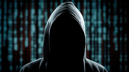 Mysterious figure dark hoodie stands against backdrop of digital code, evoking sense of intrigue and anonymity. contrast between shadowy silhouette and vibrant binary data creates captivating