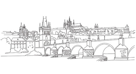 Prague's Old Town Square and Astronomical Clock in a single line drawing. Minimalist vector illustration of the famous Czech Republic landmark.