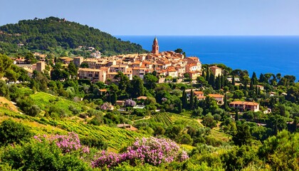 Picturesque coastal village nestled in a hillside valley