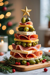Photorealistic Christmas tree-shaped charcuterie tower with olives, prosciutto, cheese layers, golden star, on wooden board, rosemary, red berries, warm bokeh lights, soft festive atmosphere