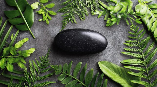 Black stone with green leaves lying on it, serving as a spa concept background, ideal for beauty and wellness themes or as a backdrop for content related to a healthy lifestyle.
