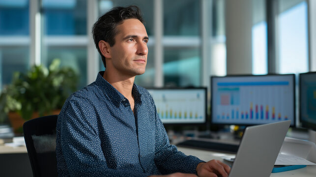 A skilled financial analyst working at a modern desk analyzing medical data on a laptop multiple charts and graphs displayed across dual monitors posture upright with serious