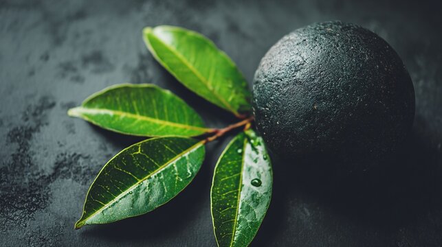 Black stone with green leaves lying on it, serving as a spa concept background, ideal for beauty and wellness themes or as a backdrop for content related to a healthy lifestyle.