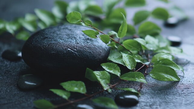 Black stone with green leaves lying on it, serving as a spa concept background, ideal for beauty and wellness themes or as a backdrop for content related to a healthy lifestyle.