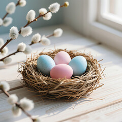 Obraz premium A bird's nest with three Easter eggs (speckled light blue, pastel pink, solid light blue) on a light wooden surface, white catkins in background, soft natural lighting, photorealistic