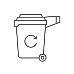 Line drawing of a recycling bin with a curved arrow on the front and a lid. Editable stroke. Icon vector illustration
