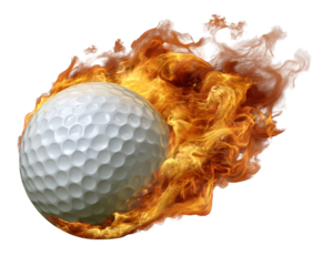 Golf ball fire sport object photo realistic glowing high fidelity energy dynamic isolated white orange flame motion speed competition action dramatic intense heat burning fast power impact