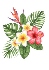 Watercolor Tropical Floral Bouquet Illustration with Green Leaves on Transparent Background