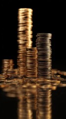 Several stacks of golden coins rise with bright reflections, symbolizing profit, stability and long-term savings. Elegant vertical finance background for ads, landing pages, hero banners and reports.