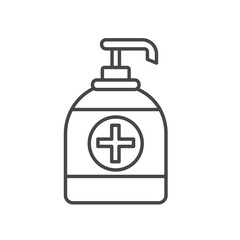 An outline drawing of a hand sanitizer bottle with a pump dispenser and a plus sign on the label. Editable stroke. Icon vector illustration
