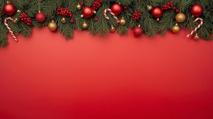 Christmas background with fir branches, red baubles, golden ornaments, berries and candy canes on red surface, festive flat lay template for greeting card, poster, flyer, banner or holiday design