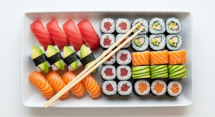 Assortment of fresh sushi and maki rolls arranged on a white platter with chopsticks