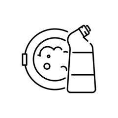 A bottle with horizontal lines sits beside a dish with bubbles in a line art style. Editable stroke. Icon vector illustration