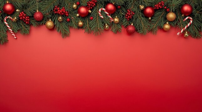 Christmas background with fir branches, red baubles, golden ornaments, berries and candy canes on red surface, festive flat lay template for greeting card, poster, flyer, banner or holiday design