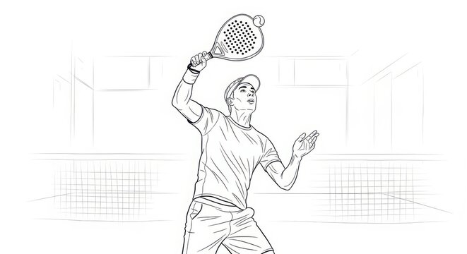 Monochrome Athlete Playing Racket Sport Inside, Line Art Illustration - Powered by Adobe