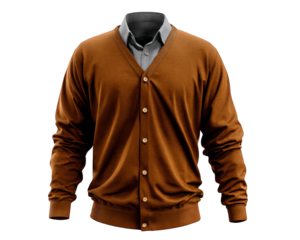 Brown cardigan sweater, buttoned, displayed on mannequin with gray shirt, classic winter outfit, cozy and stylish for casual or office wear, warm and comfortable look