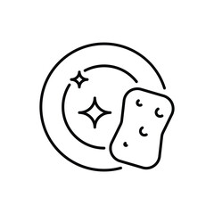 A line drawing depicts a clean plate with a sponge indicating dishwashing Two stars are displayed. Editable stroke. Icon vector illustration
