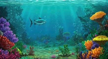 Fototapeta premium Underwater world with vibrant coral reef, fish, and sun rays creating a serene scene