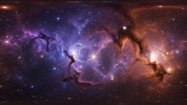 360&deg; Fantasy Nebula Space Panorama - A breathtaking 360-degree view of a vibrant fantasy nebula, showcasing swirling clouds of purple, orange, and red gas illuminated by bright stars.