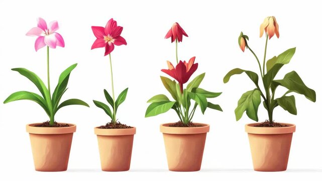 A row of potted plants growing side by side. d in flat design with vibrant colors.