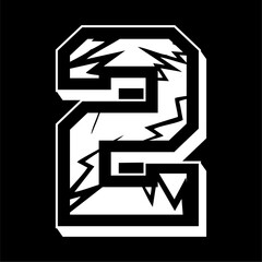 Vector design of the number two with a cracked pattern. with a black background.