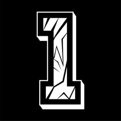 Vector design of the number one with a cracked pattern. with a black background.
