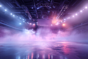 An empty ice rink arena with purple lighting and fog a large crowd is visible in the stands