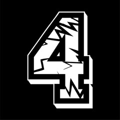 Vector design of the number four with a cracked pattern. with a black background.
