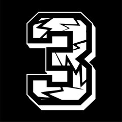 Vector design of the number three with a cracked pattern. with a black background.