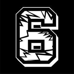 Vector design of the number six with a cracked pattern. with a black background.