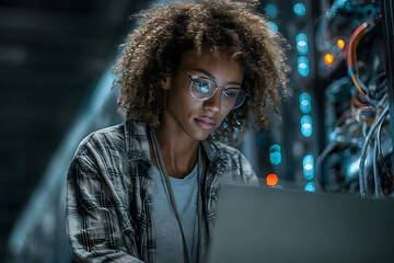 A female african american IT engineer works in a dat center, analyzing networkconfigurations on her laptp while surrounded by servr racks and numerous conneted cables