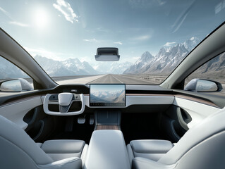 Fototapeta premium Modern Electric Car Interior on a Scenic Winter Road with Digital Dashboard