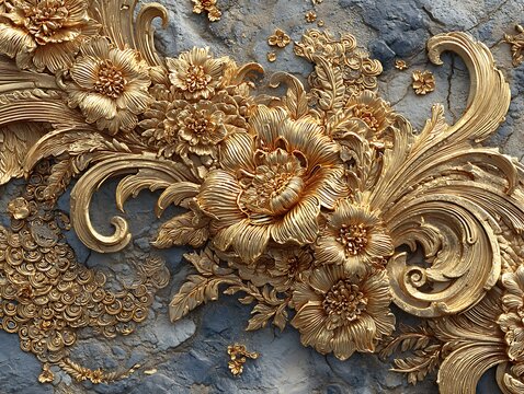 Digital pulse patterns merging with gold-etched ancient stone relief textures
