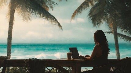 A woman works remotely on a laptop with a stunning tropical beach and ocean view embodying a work from anywhere lifestyle
